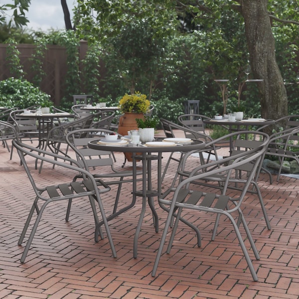 Flash Furniture Lila 31.5in Round Glass Top Metal Table with 4 Silver Aluminum Slat Stack Chairs TLH-072RD-017CSV4-GG - main